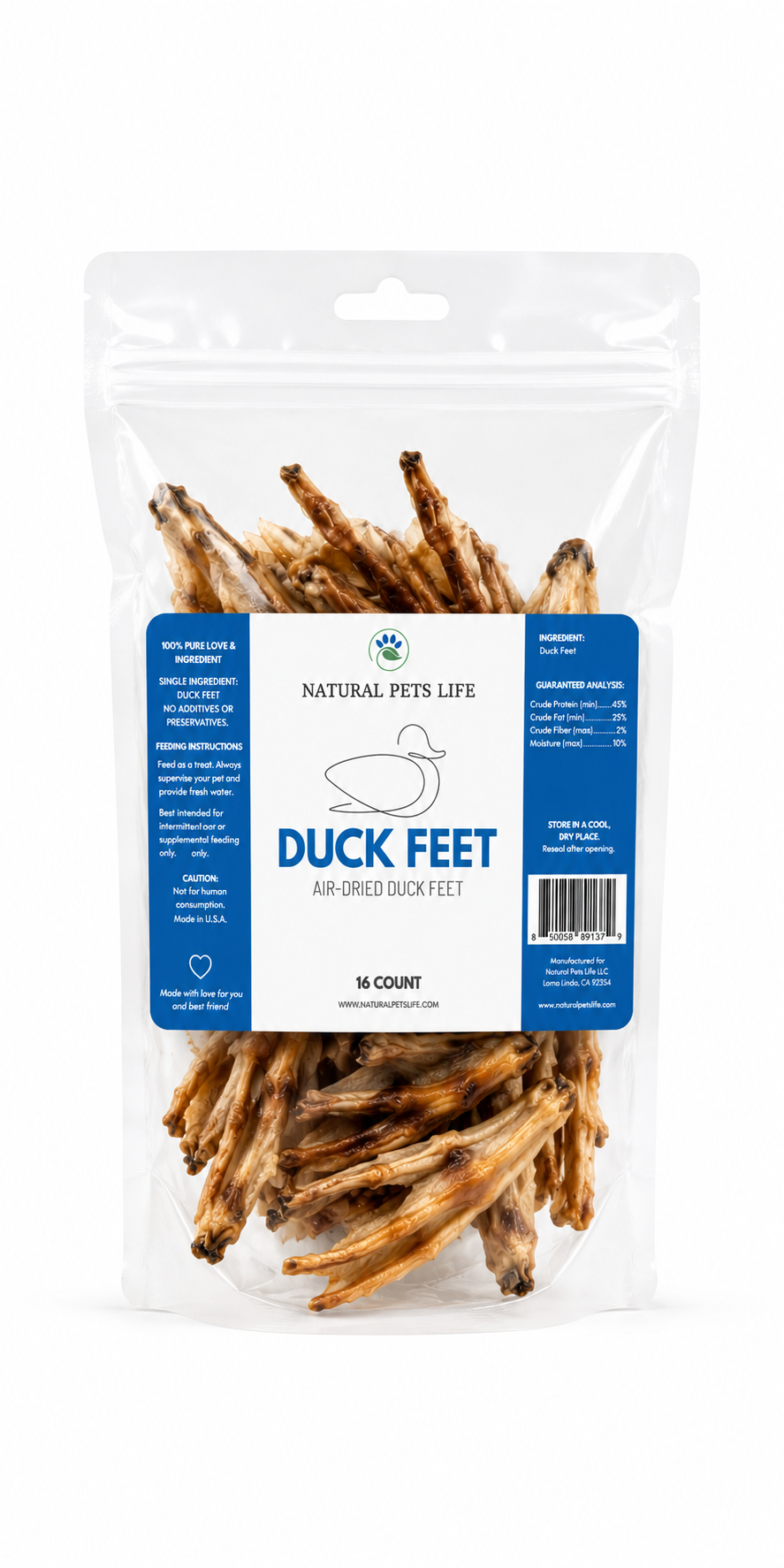 Natural Pets Life Air-Dried Duck Feet for Dogs | Single Ingredient Crunchy Dog Treat | 16 Count
