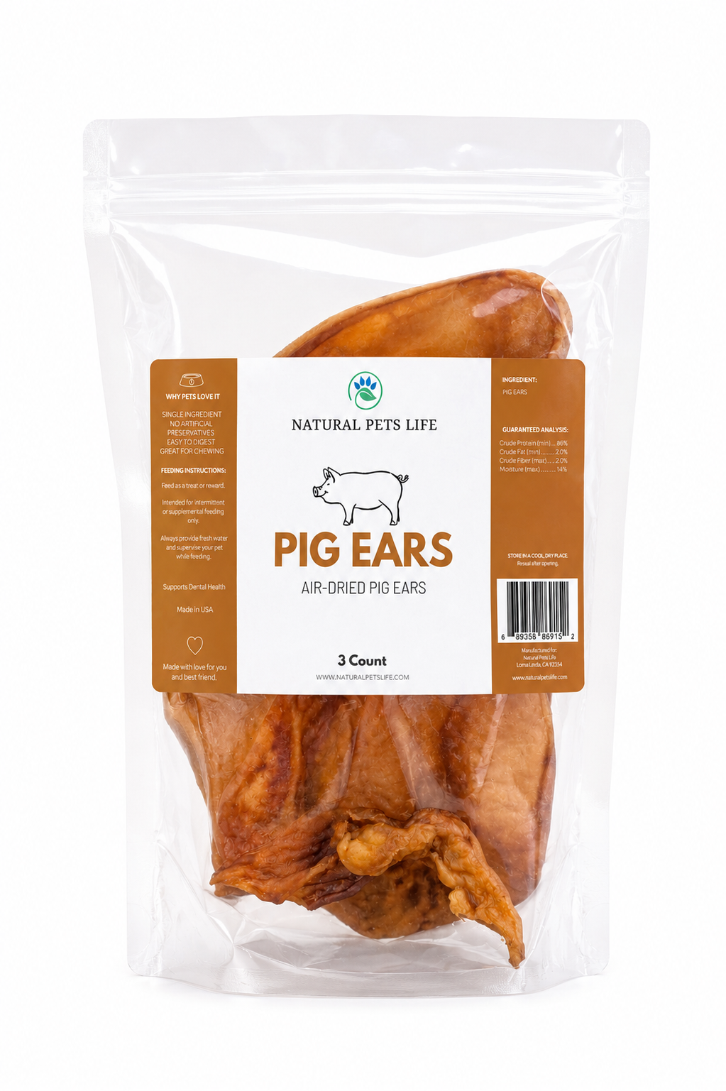 Natural Pets Life Air-Dried Pig Ears for Dogs | Single Ingredient Natural Dog Chews | 3 Count