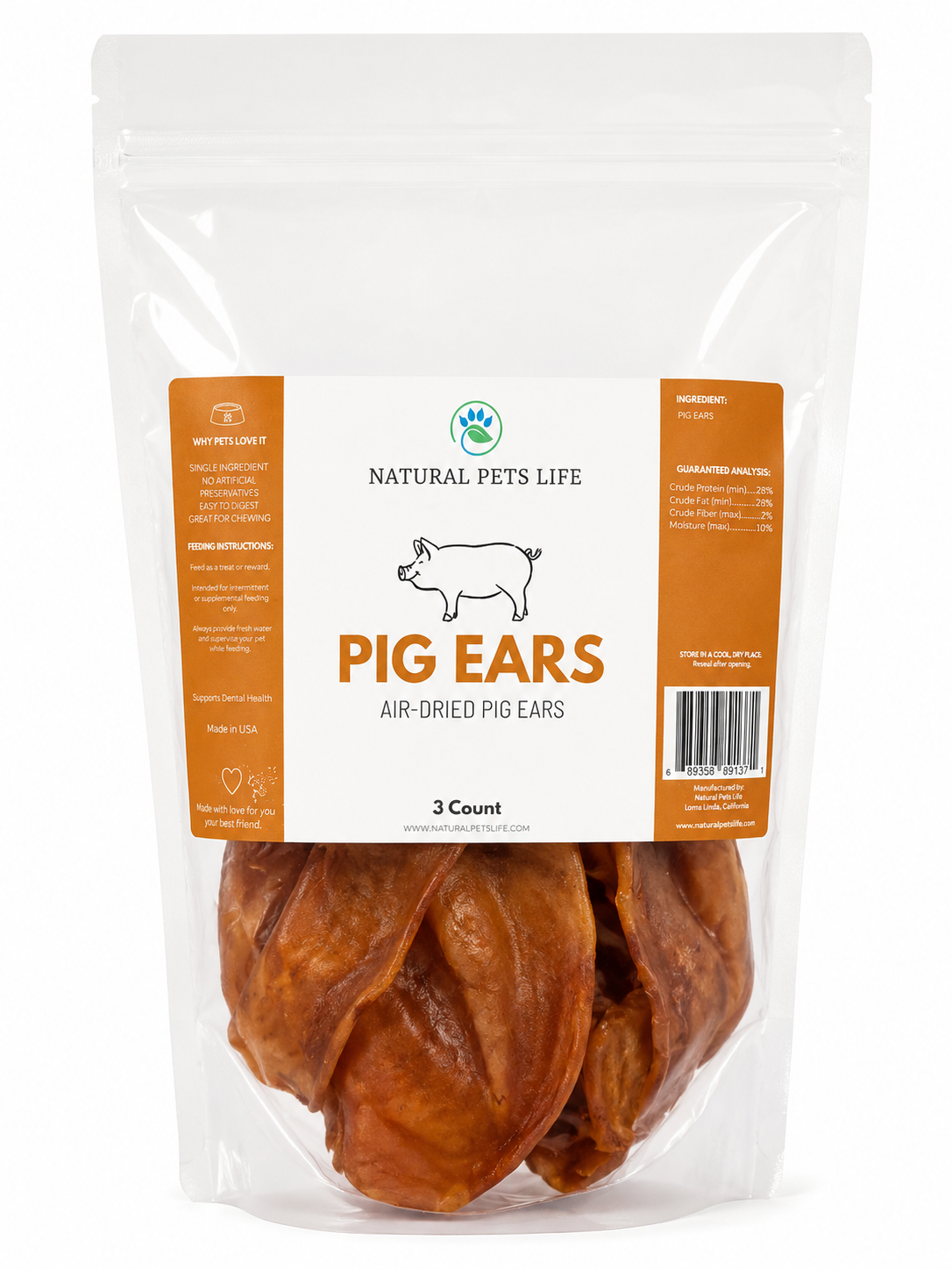Natural Pets Life Air-Dried Pig Ears for Dogs | Single Ingredient Natural Dog Chews | 3 Count